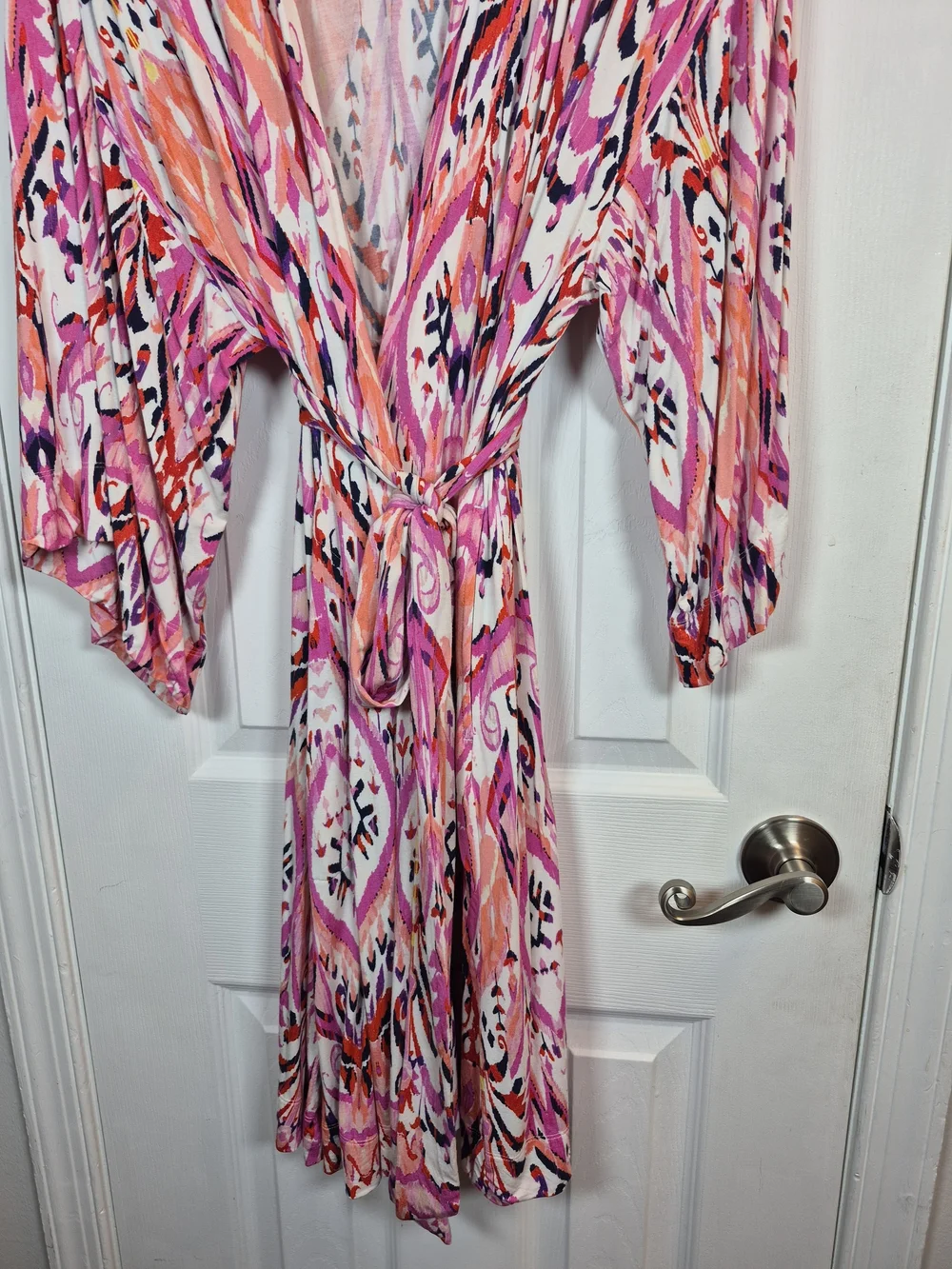 Soma Cool Nights Kimono Robe L/XL Pink Purple Ikat Geometric Knit Short Belted